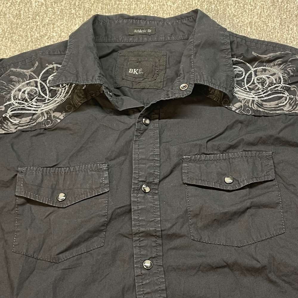 BKE Mens Athletic Fit Western Snap Shirt Black Embroidered Long Sleeve XL